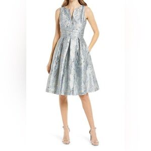 Eliza J. Pleated Jacquard Dress 12 Brocade Sleeveless Fit & Flare Cocktail Blue